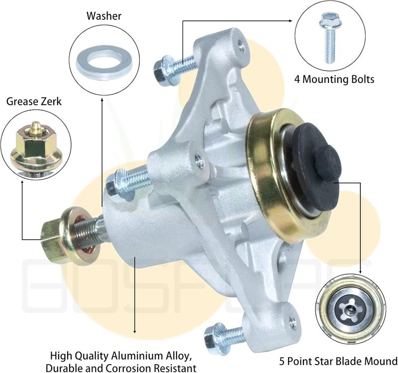 BOSFLAG Pre-Greased 587125201 Spindle Replaces 174358, 174356, 587125201, 539107515, 532174356, 532174358, 532192656, 587255601 for Husqvarna Z246 RZ4623 RZ46I RZ5424 YTH1848 YTH2048 YTH2448 Tractors - Image 5
